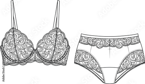 Lingerie bra panties fashion silhouettes illustration vector garment construction apparel design graphics, lace pattern concept, black and white creative art collection