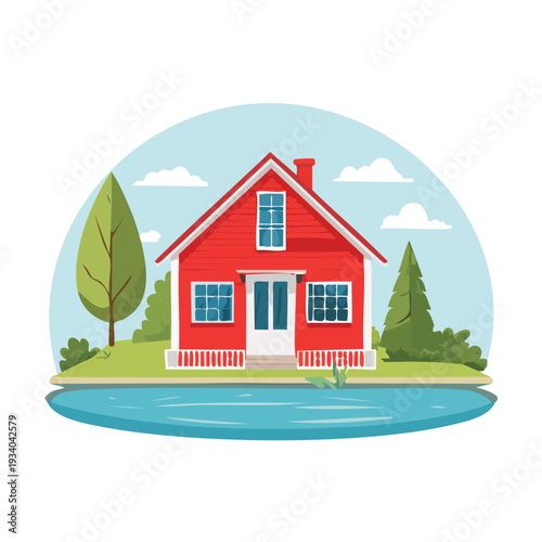 Red house near the lake with green trees and cloudy sky