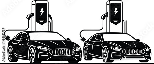 Electric cars charging station silhouettes illustration vector sustainable transportation eco vehicle graphics, renewable energy concept, black and white creative art collection