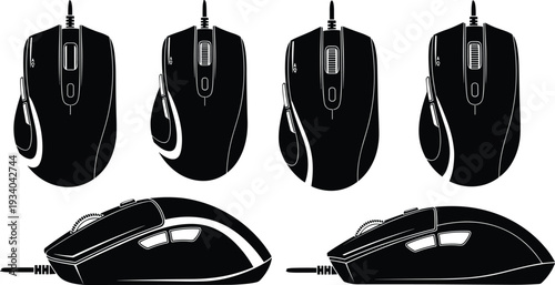 Computer mice technology silhouettes illustration vector ergonomic design user interface graphics, hardware device concept, black and white creative art collection