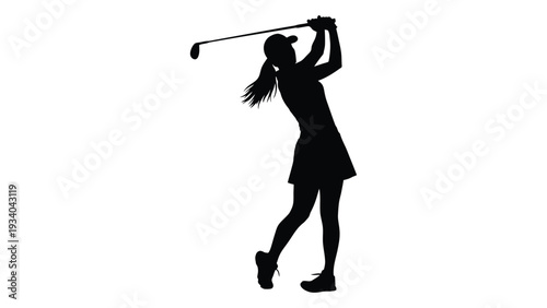 A woman swinging a golf club with her right leg lifted isolated on white background, Vector