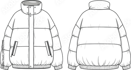 Puffer jacket fashion technical illustration vector garment construction apparel design clothing graphics, quilted outerwear concept, black and white creative art collection