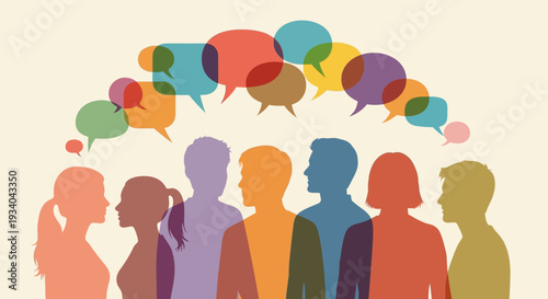 Diverse Community Communication: Vibrant Speech Bubbles Above People Silhouettes Illustration