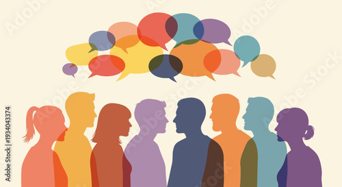 Diverse Group Communication: Silhouettes of People with Colorful Speech Bubbles Representing Dialogue, Community, and Social Interaction