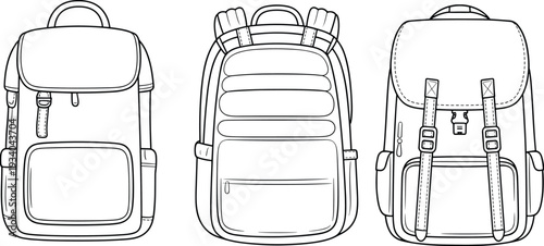 Backpack set front views outline vector illustration with school travel hiking rucksack detailed straps and pockets mockup template collection