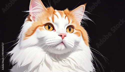 An close-up, high-detail portrait of a fluffy orange cute cat against a solid black.