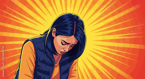 Sad Young Woman Pop Art Illustration: Worried Girl with Head Down, Depicting Stress, Anxiety, and Mental Health Struggles with Bold Comic Style Background