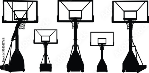 Basketball hoop silhouette set, portable and street backboard stand collection, sports equipment vector illustration isolated on white background