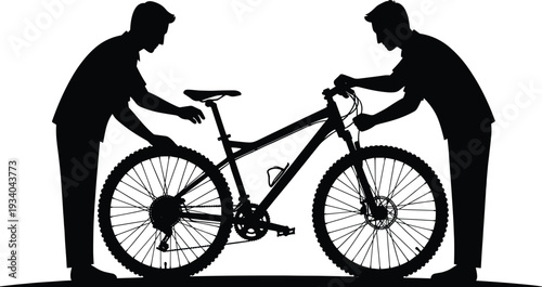 Bicycle repair silhouette vector illustration, man fixing mountain bike in workshop, mechanic adjusting wheel and handlebar, black and white designBicycle repair silhouette vector illustration