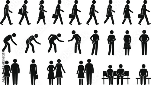 Business people and human activity silhouettes vector set, walking office workers, standing poses, sitting on bench icons, black and white illustration