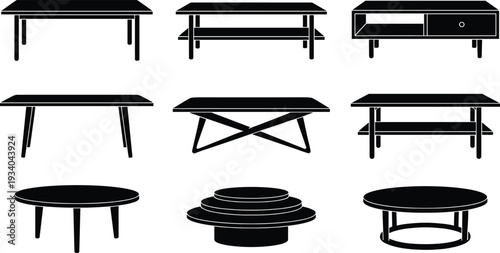 Coffee table silhouette set with modern and classic furniture designs, living room interior vector illustration isolated on white background