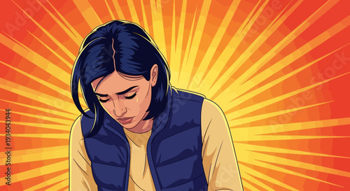 Pop Art Illustration of a Sad Young Woman Crying with a Tear, Expressing Heartbreak, Distress, and Emotional Pain