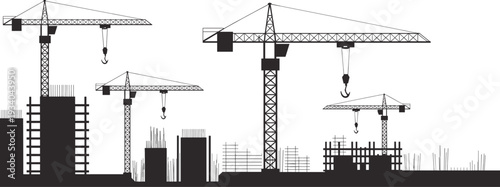 Construction site crane silhouettes vector illustration, tower cranes over building framework skyline, urban development and industrial engineering black and white design