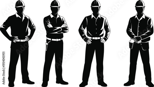 Construction worker silhouettes vector set, professional builder in hard hat with different poses, industrial labor character icons, black and white illustrationConstruction worker 