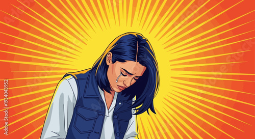 Pop Art Illustration of a Young Woman Crying with a Single Tear, Expressing Sadness and Distress Against a Vibrant Radiant Background