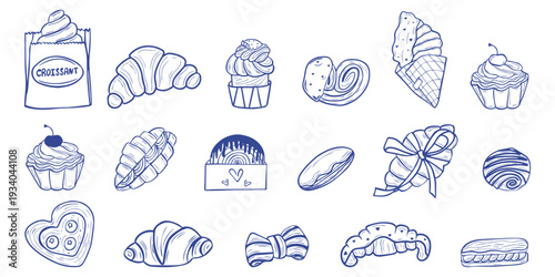 A collection of hand-drawn blue line art images of baked goods, croissants, muffins, and sweet pastries. These minimalist Mediterranean bakery illustrations are perfect for cafe menus, packaging