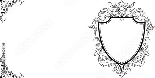 Decorative heraldic shield frame vector illustration, ornate floral crest with corner flourishes, vintage coat of arms template for invitations and branding