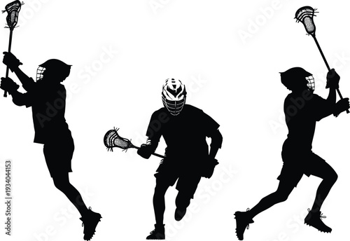 Dynamic lacrosse player silhouettes vector set, three action poses with helmeted attackers and goalie, sport stick, running and jumping scenes for athletic designs