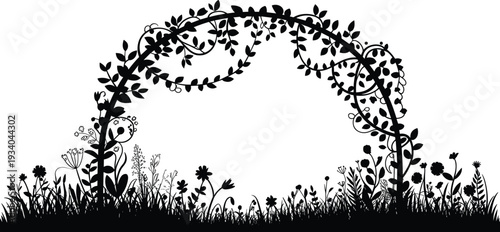 Floral garden arch silhouette vector illustration, decorative vine covered arbor with wildflowers and grass border, romantic nature frame in black and white
