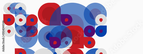 Abstract composition featuring overlapping circles. Red, blue, purple hues dominate white background. Dynamic, playful visual arrangement.