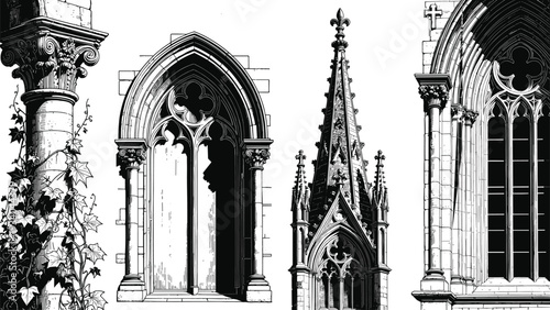 Gothic architecture elements set with cathedral arches, ornate columns and church spires, detailed vintage engraving style vector illustration isolated on white