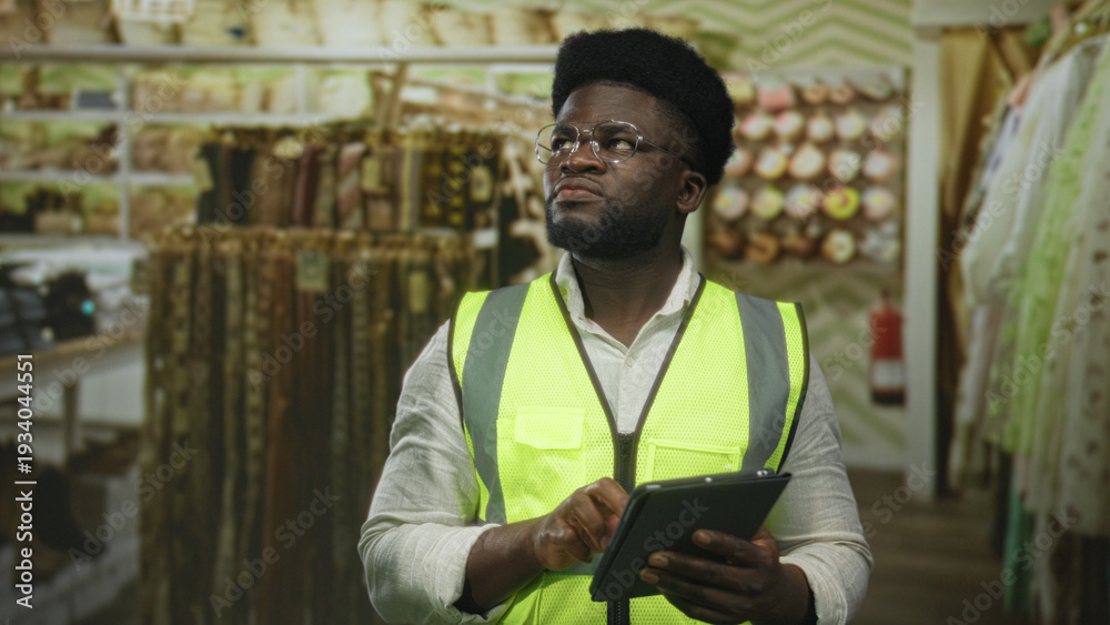 Fototapeta premium Man in fluorescent safety vest tapping a tablet with hands amid racks of fabric in a retail building; concentration inventory.