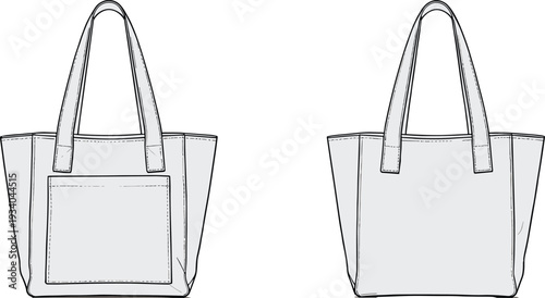 Hand drawn tote bag outline vector template, front and back view canvas shopper with pocket, minimal line art fashion mockup