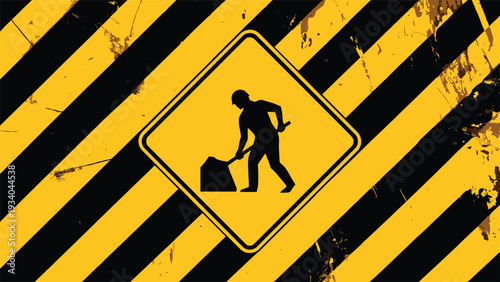 Grungy construction zone warning graphic with worker shoveling silhouette inside diamond caution sign, diagonal hazard stripes, distressed texture for industrial safety