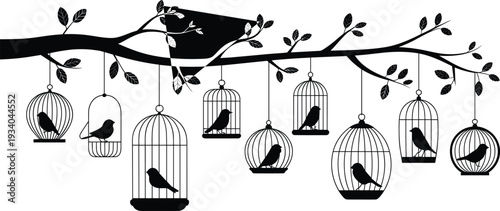 Hanging birdcages silhouette vector, decorative birds in cages suspended from tree branch, vintage ornamental design, nature theme, black and white illustration