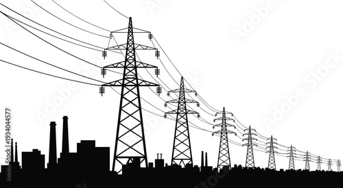 High voltage power lines and industrial city silhouette vector illustration, electricity transmission towers over urban factory skyline, energy infrastructure black and white design