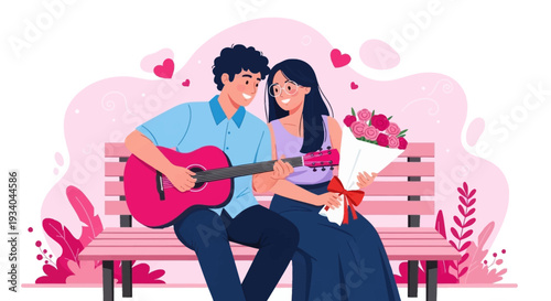 Romantic Couple Serenade on Park Bench with Guitar and Flowers - Valentine's Day Love Illustration