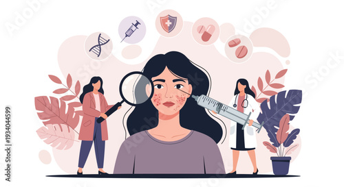 Dermatology Skin Care: Woman with Acne Undergoing Professional Examination & Treatment. Doctors, DNA, Syringe, Pills.