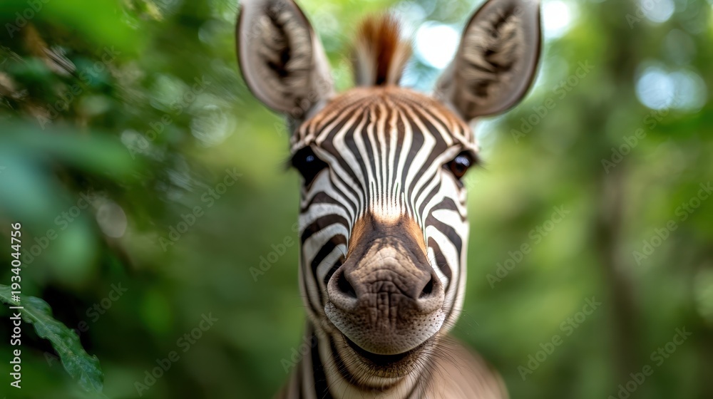 Naklejka premium A striking close-up portrait of a zebra showcasing its intricate black and white stripes, framed by a blurred natural background, highlighting its unique features and beauty.