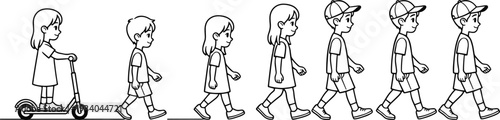 Kids walking and riding scooter outline vector set, children side view animation poses, boy and girl line art illustration collection