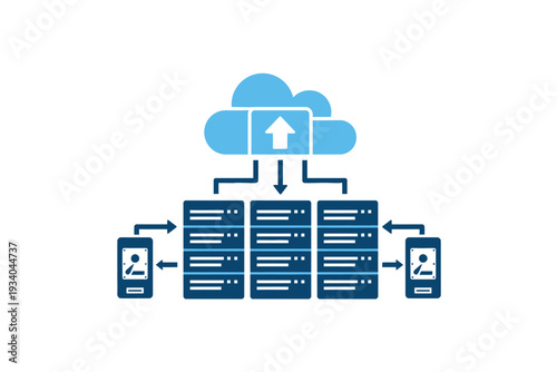 Cloud Data Storage with Upload Arrow in Simple Flat Design on Blue Background for IT and Cloud Computing