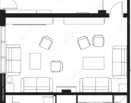 Living room floor plan top view layout, furniture arrangement blueprint with sofas chairs tables, interior design architectural drawing vector illustration