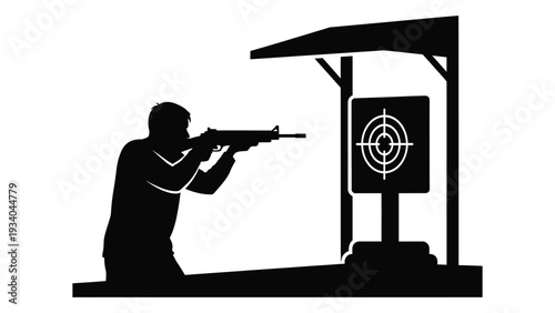 A man in silhouette is aiming a rifle at a target isolated on white background, Vector