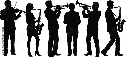 Jazz band musician silhouettes set with saxophone trumpet and violin players, live music performance vector illustration isolated on white background