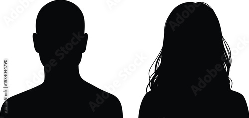 Male and female head silhouette vector illustration, anonymous profile avatars, front view human portraits, black and white icon design