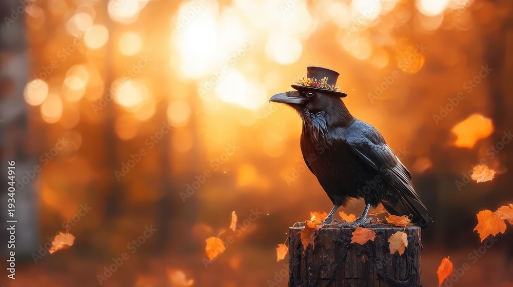 Obraz premium A charming raven proudly wears a small hat adorned with leaves, amidst a picturesque autumn setting, capturing a whimsical moment in nature with vibrant fall colors.
