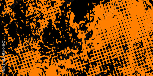 Modern artistic orange grunge texture with scattered ink stains and dotted patterns perfect for digital backgrounds and promotional materials.