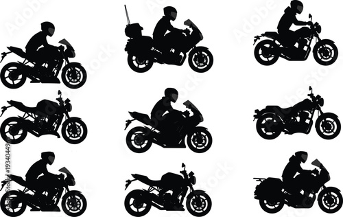 Motorcycle and rider silhouettes vector set, sport bike and cruiser motorbike collection, biker in helmet riding, black and white illustration