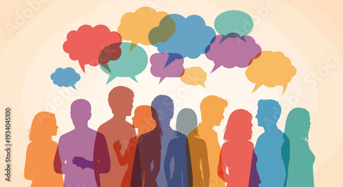 Diverse Group of People Silhouettes with Colorful Speech Bubbles Representing Communication, Community, and Social Interaction