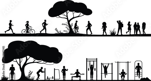 Outdoor park fitness silhouette vector illustration, people running, cycling and exercising on gym equipment, healthy lifestyle and community recreation concept black and white