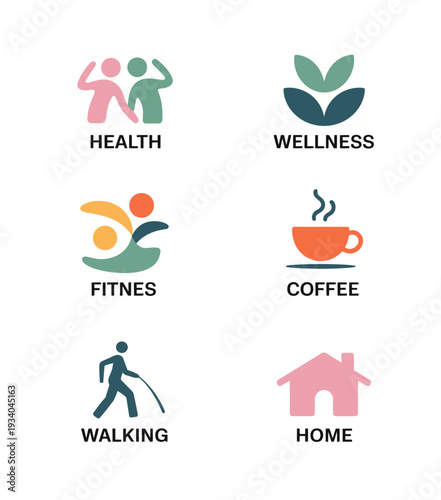 Minimalist flat lifestyle set with health wellness fitness coffee walking and home symbols