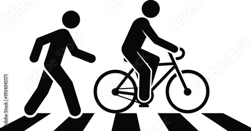 Pedestrian and cyclist crosswalk vector illustration, urban road safety concept, pedestrians and bicyclists sharing zebra crossing, traffic signage silhouette icons