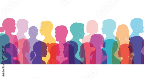 Diverse Group of Colorful Overlapping People Silhouettes Representing Community, Inclusion, and Global Connection