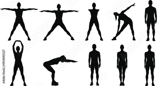 Set of athletic human silhouette vector poses, workout and stretching figures in various standing and bending positions, fitness icons for trainers
