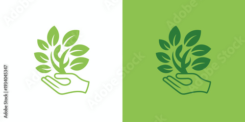 A hand holding a green plant with leaves on a white and green background white background