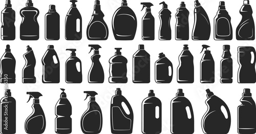 Set of cleaning product bottles silhouettes, detergent and spray containers collection, household plastic packaging shapes, black and white vector illustration